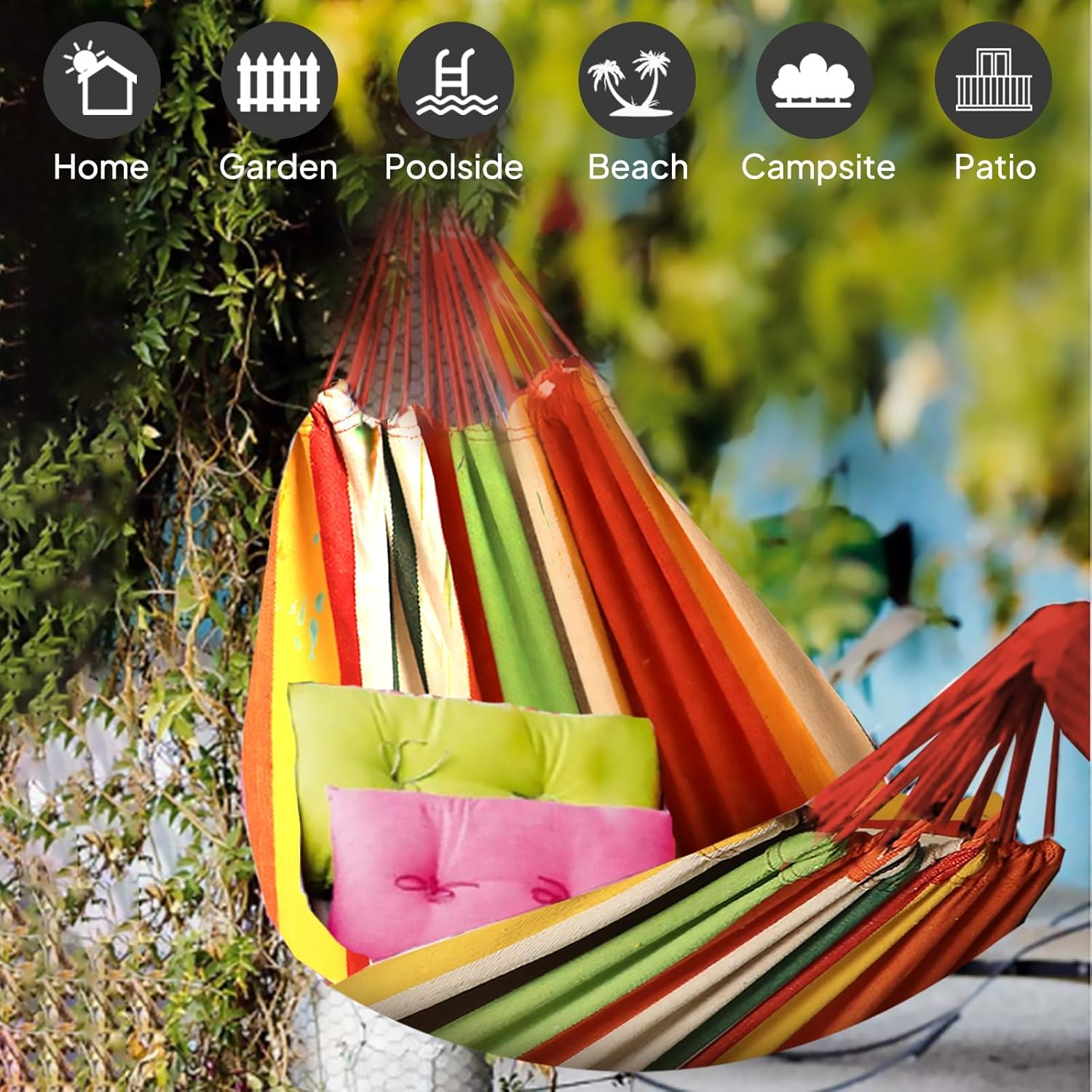 ANYOO Cotton Hammock Portable Camping Hammocks for Hanging Sturdy Garden Comfortable Fabric Hammock with Tree Straps up to 660Lbs with Travel Bag for Camping Outdoor/Indoor Patio Backyard - Blue/White/Red Stripe image number 6