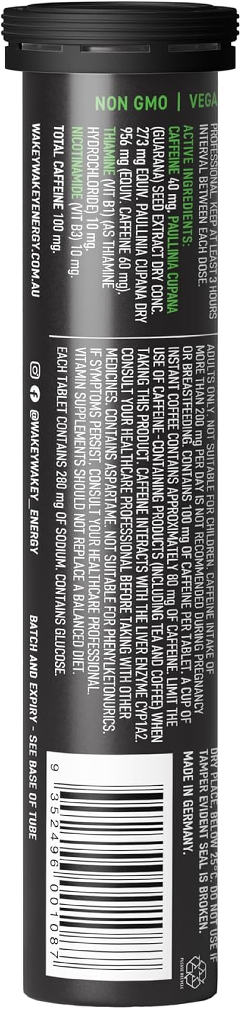 Wakey Wakey Caffeine Energy Effervescent Berry Flavour 20 Tablets - with 100Mg of Caffeine plus Guarana, Vitamins B1 & B3. Less than 1G Sugar per Serve, Less than 12 Calories. Boost Energy Levels, Increases Mental Alertness & Endurance, and Mantains Mental Focus.