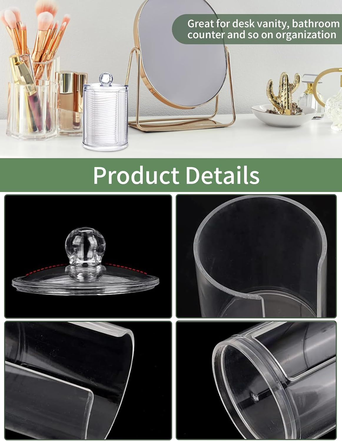 3 Pack Qtip Holder Dispenser Kit for Cotton Ball round Pads, Clear Plastic Jars Set, Jars with Lids for Bathroom Organization, 10 Oz Holder Storage Canister Acrylic Jars, Bedroom Accessories image number 2