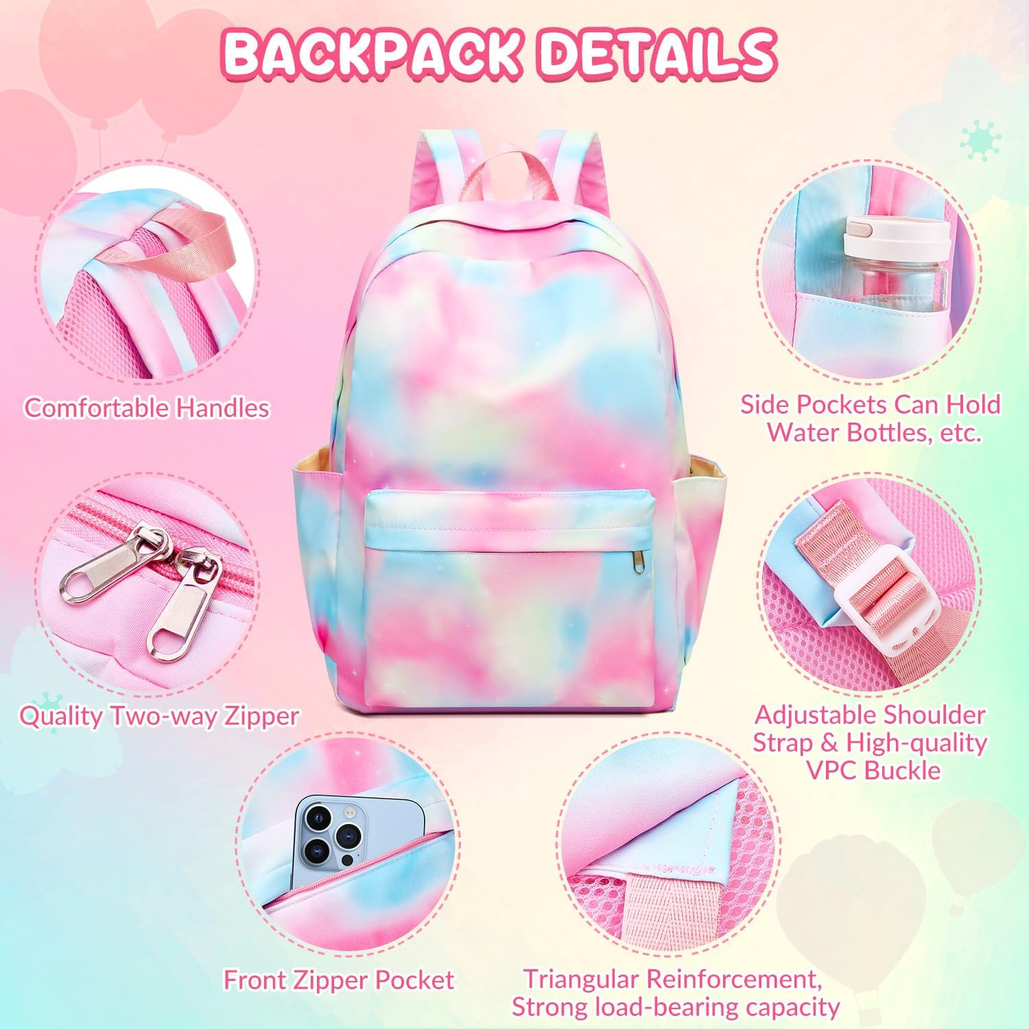 WOTOW Kids Backpack for Girls, Waterproof Large Capacity Schoolbags with Lunch Bag, Pencil Pouch & Card Case, Cute Stationery Set for Children Teens Kindergarten to Middle School - White Strawberry image number 7