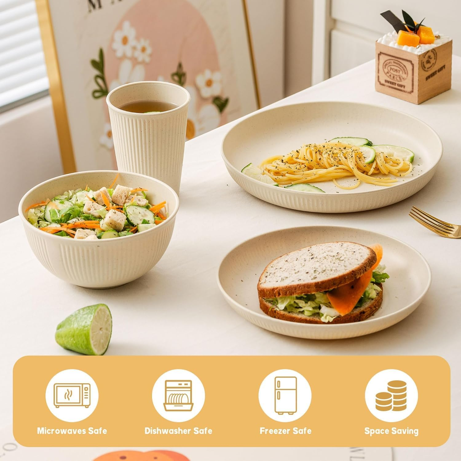 24Pcs Reusable Wheat Straw Cups Plates and Bowls Set, Dinnerware Sets for 6, Microwave and Dishwasher Safe Kitchen Dish Set for RV Camping Picnic Dorm, Beige image number 6