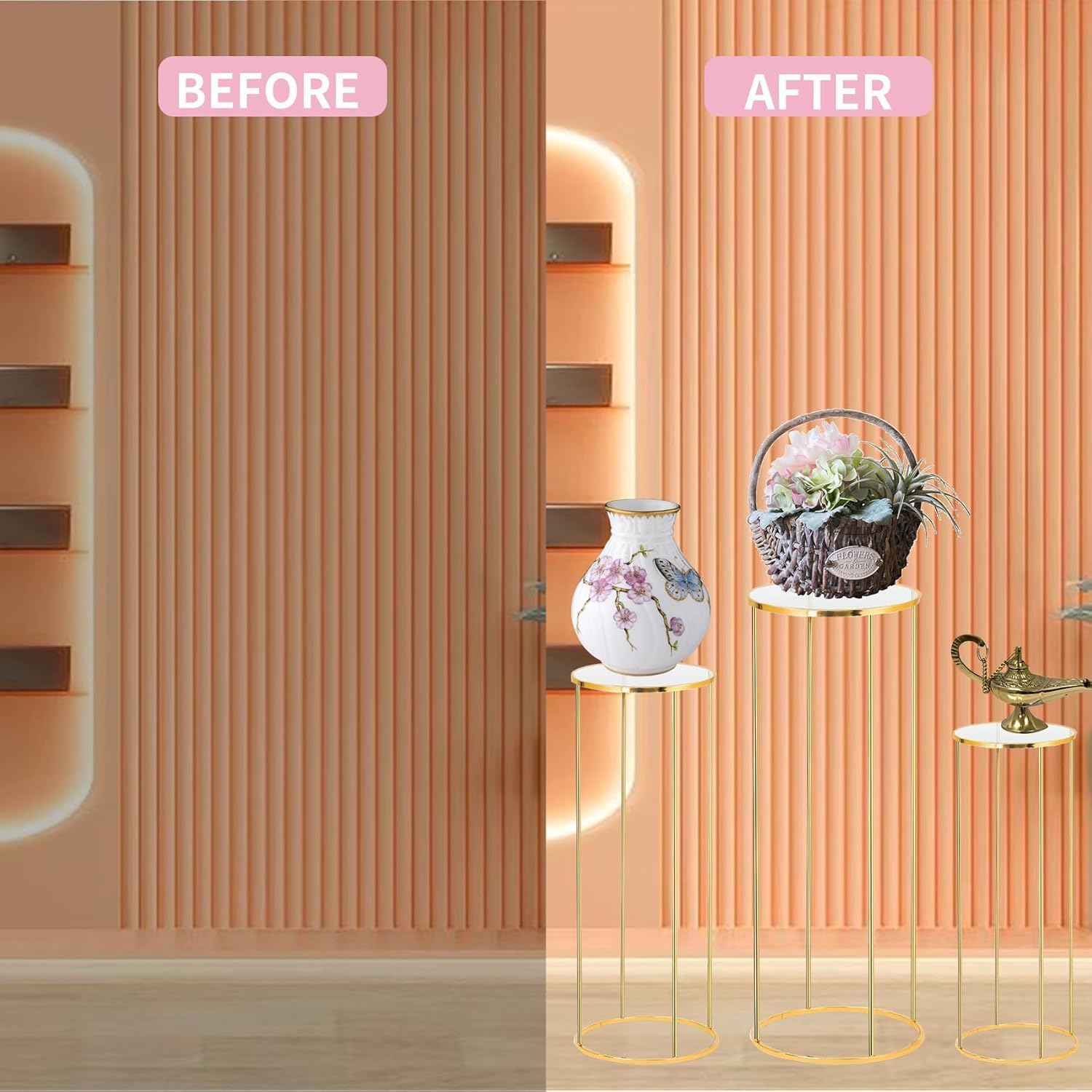 Metal Cylinder Pedestal Stand for Party, Cilindros Para Decoraciones De Fiestas, round Cake Pedestal Tables for Wedding Display, Event Decor with Floral Plant, Birthday Backdrop- Gold image number 6