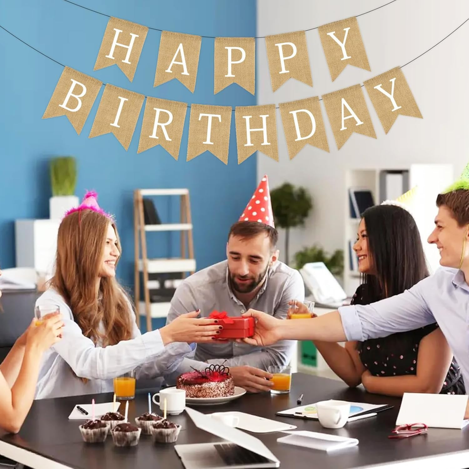 Chris.W Happy Birthday Banner, NO DIY Rustic Burlap Happy Birthday Sign with White Letters, Pre-Strung Bday Hanging Decoration for Women Men Girl Boy Birth Day Backdrop Party Supplies image number 3