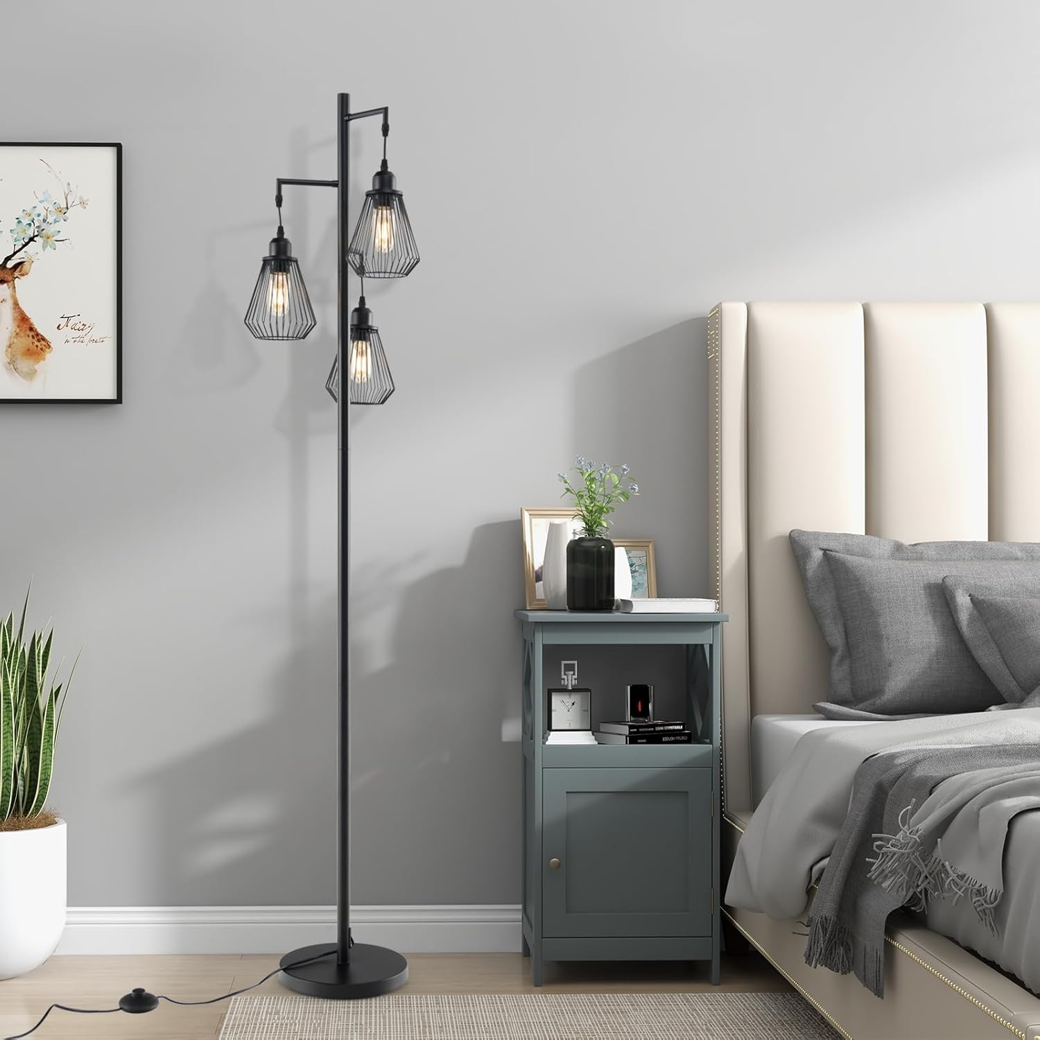 Costway Industrial Tree Floor Lamp, Farmhouse & Industrial Style, Black Metal, 3 Diamond-Shaped Birdcage Lampshades, Foot Switch, Stable Base & Non-Slip Strips, Energy Efficient LED, 27W, 168Cm Tall image number 2