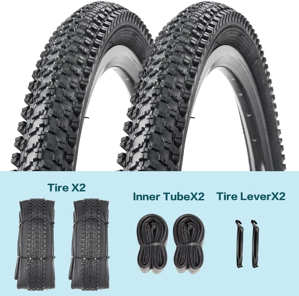 2 Pack Mountain Bike Tyre 24/26/27.5/29 Inch Foldable Replacement Bicycle Tyres 24X1.95 26X1.95 27.5X2.125 29X2.125 with 2 Bike Tyre Inner Tubes Schrader Valve
