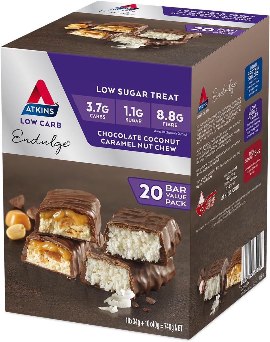 Atkins Low Carb Endulge Chocolate Coconut, Caramel Nut Chew Value Pack 20 Bars