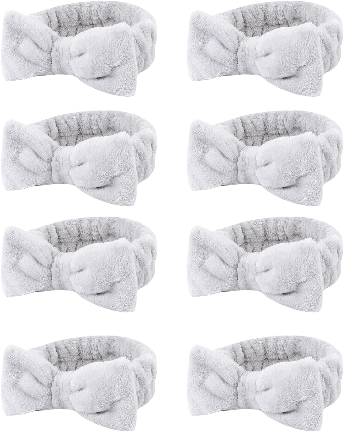 Casoty 8 Pcs Grey Spa Hair Bands for Women, Bow Fleece Headbands for Makeup, Shower, Yoga, and Skincare