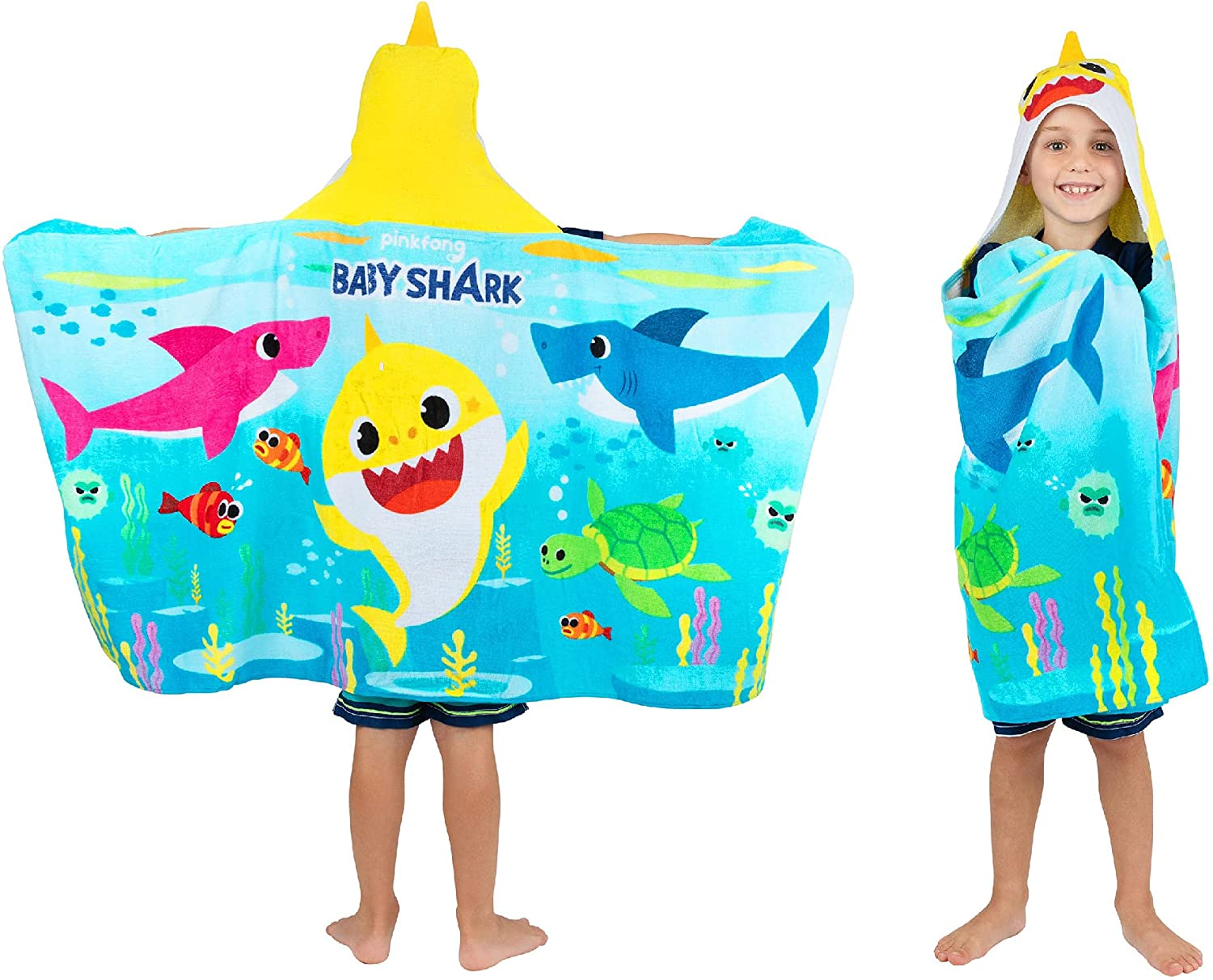 Franco Baby Shark Bath/Pool/Beach Soft Cotton Terry Hooded Towel Wrap, 24 in X 50 In, by Kids image number 2