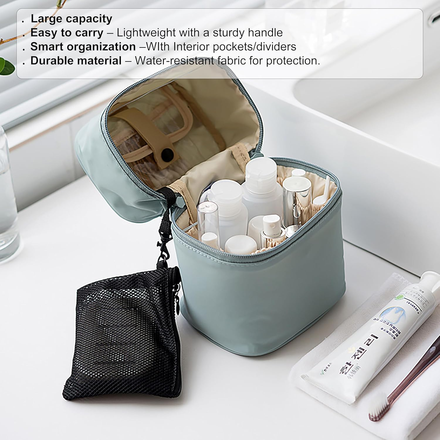 BRMM MIA Makeup Bag Portable Travel Cosmetic Bag Makeup Bag Organizer with Gold Zipper Waterproof Toiletry Bags for Women and Girls (Green Medium) (Column Black) image number 4