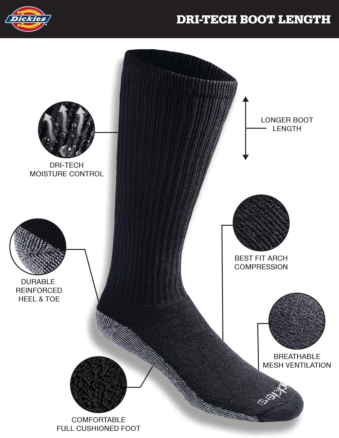 Dickies Men'S Multi-Pack Dri-Tech Moisture Control Boot-Length Socks image number 5