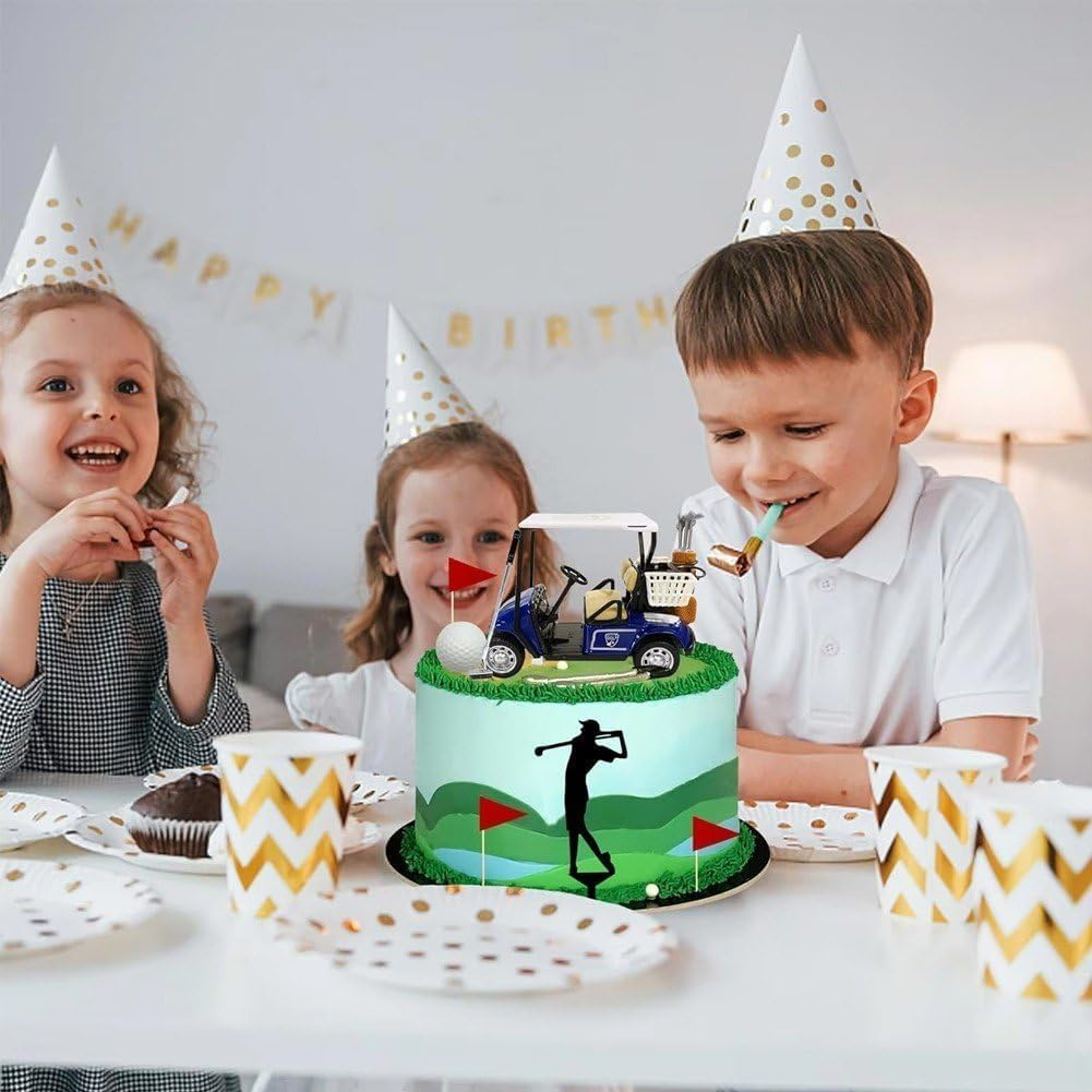 Golf Cake Decorations，Golf Cart、Ball Golfer Silhouette, Club & Flag Topper Set Fondant Cupcake Accessories,Sport Golf Theme Party Supply