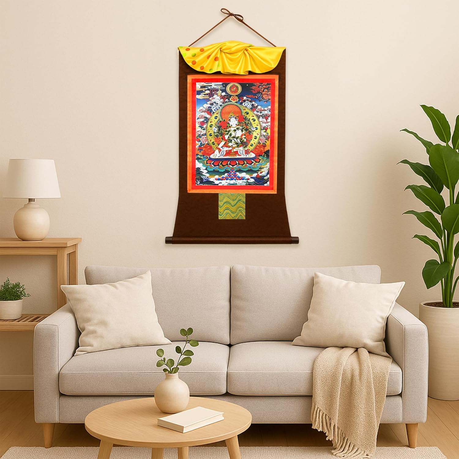 Mudra Crafts Extra Large White Tara Tibetan Thangka Buddha Wall Art - Handmade XXL White Tara Thangka Buddhist Tibetan Painting Yoga Zen Mediation Altar Wall Hanging D&eacute;cor - Green,White image number 3