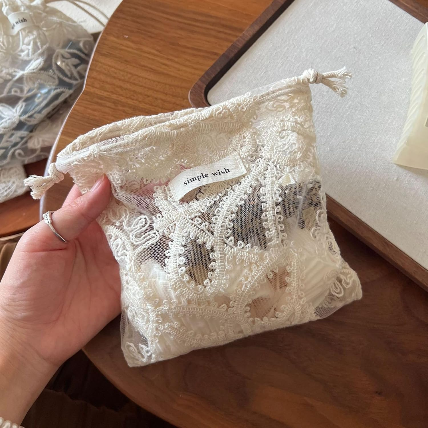 Sminra Mesh Drawstring Makeup Bag Pouch Lace Organizer, Small Drawstring Coquette Aesthetic Cute Travel Toiletry Insert Bag Gift for Women and Girls, Bonestring Embroidery, Aesthetic - Cotton Floral Embroidery image number 2