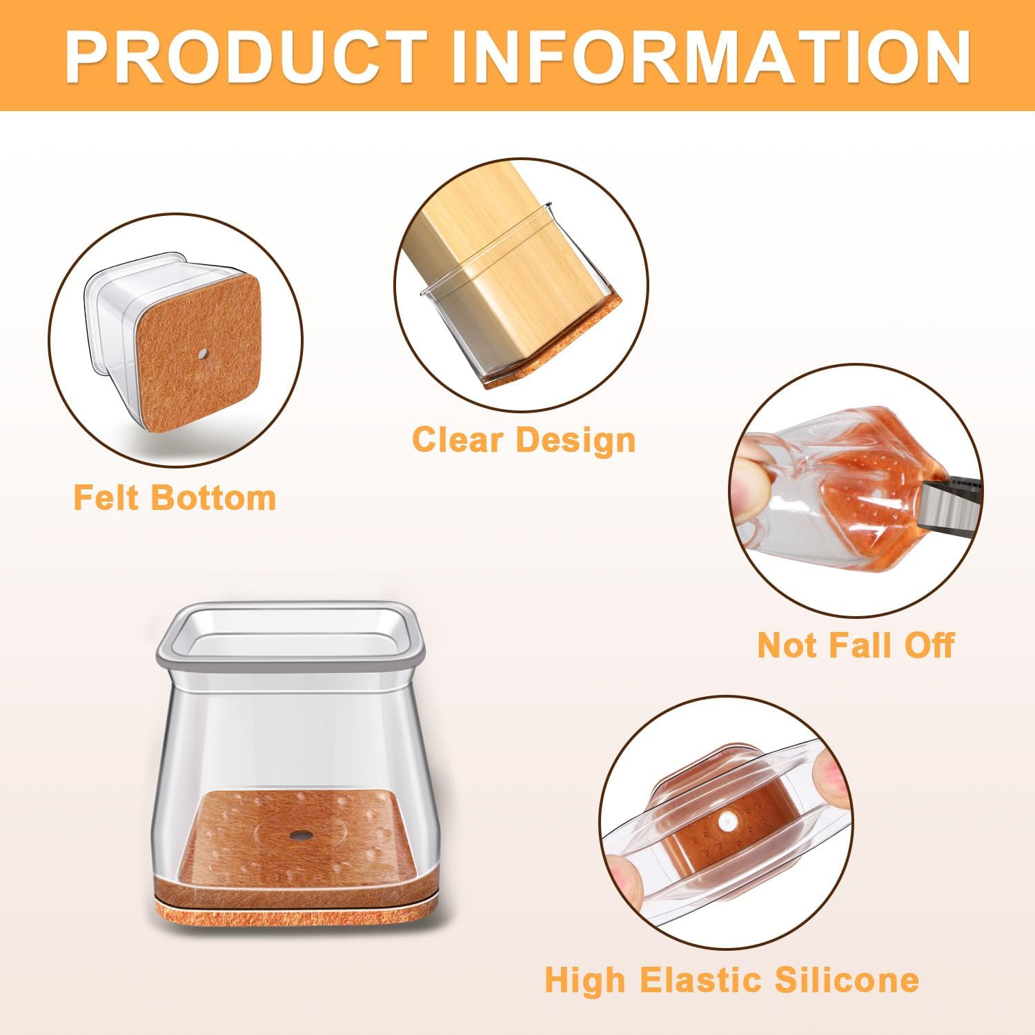 RUSIDO Pack of 35 Square Chair Leg Caps (For Side Length: 26-40 Mm), Clear Chair Leg Protectors, Chair Gliders, Silicone Protective Caps for Chair Legs, Felt Glides for Wooden Floors, Floor From image number 6