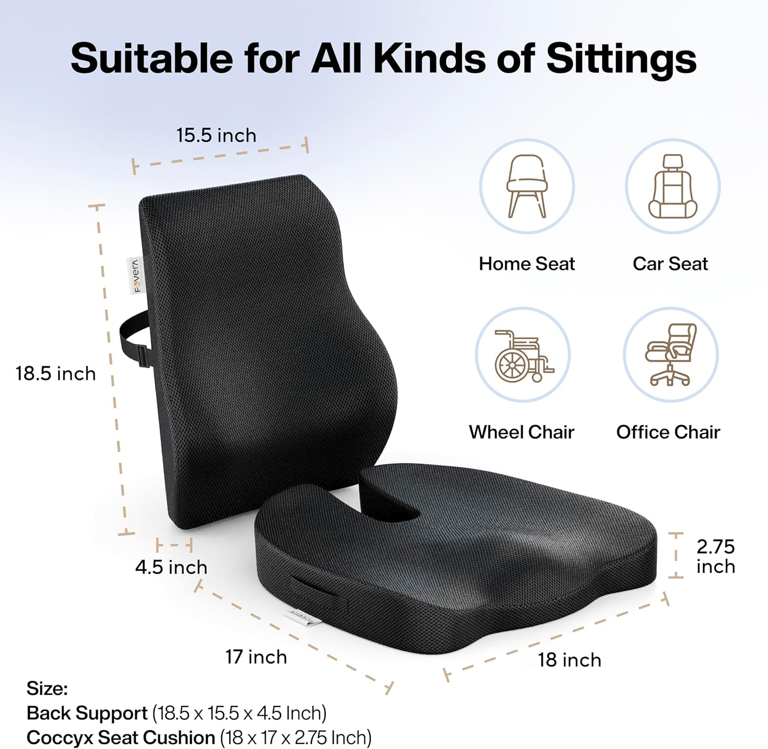 FOVERA Coccyx Seat Cushion for Tailbone & Back Support for Chair - Orthopedic Memory Foam Sitting Cushion Combo - Relieves Back, Sciatica, Hip, Seat Bone Pain - for Office & Home Chair image number 4