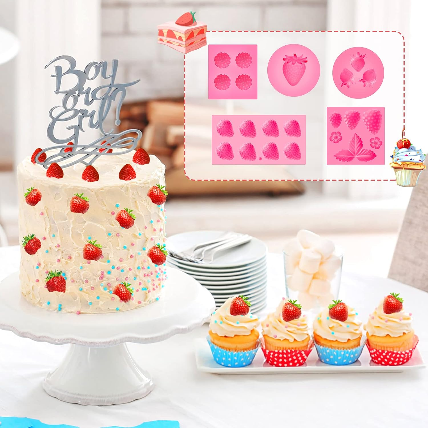 5 Pcs Strawberry Baking Mold Silicone Handmade Candy Jelly Bakeware 3D Flower Strawberry Embed Silicone Fruit Shape Pastry Mold for Soap Wax Chocolate Fondant Ice Cream Cupcake Cake Decor image number 3