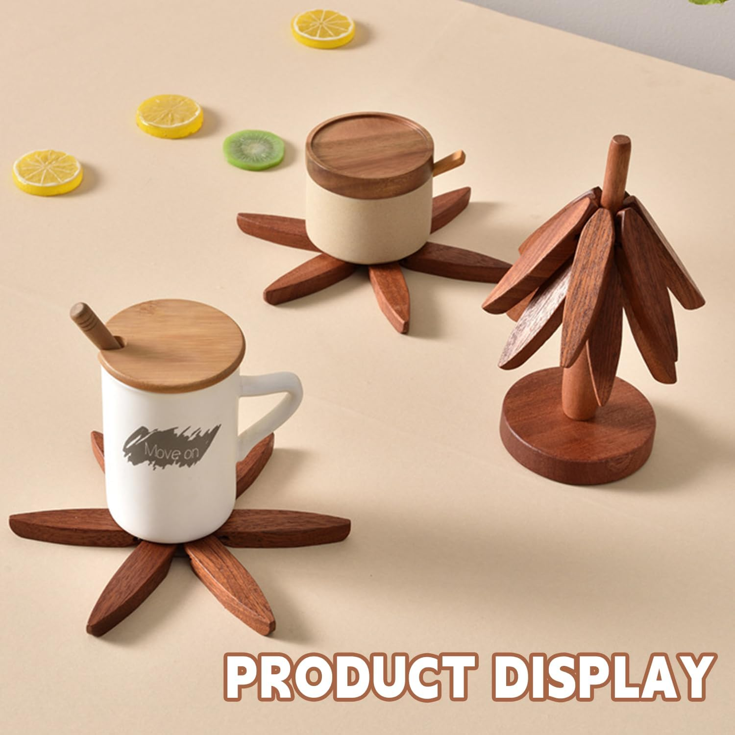 Wooden Trivets for Hot Dishes - Tree Shape Set with 4 Trivets + 1 Stand, Stored like a Christmas Tree (Walnut Wood) image number 4