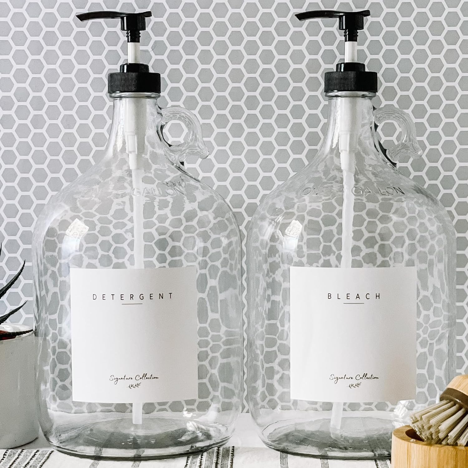 Laundry Detergent and Fabric Softener Dispenser - Two One Gallon Glass Jugs, 128 Oz - Black Liquid Pump, Includes 4 Labels image number 2