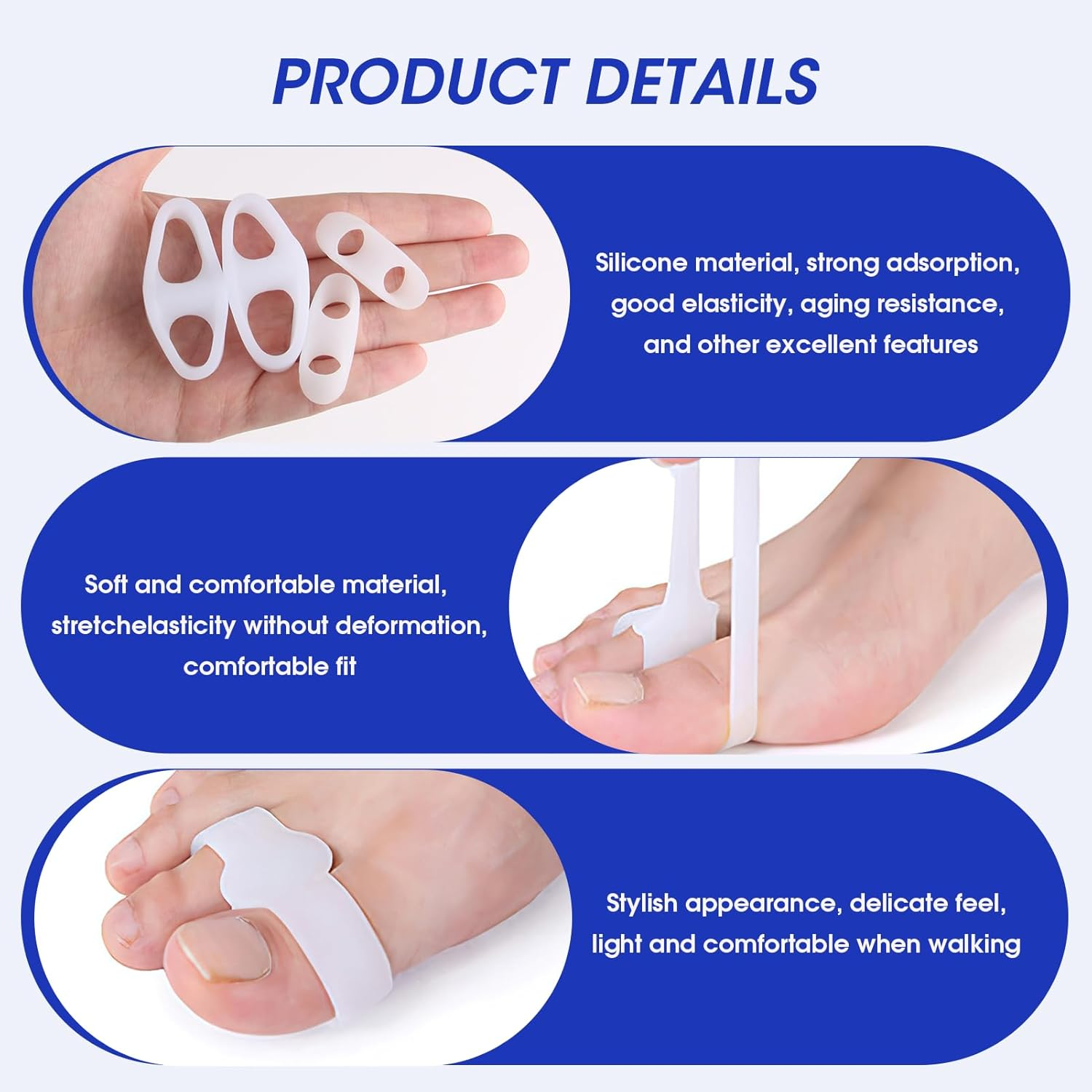 Silicone Gel Toe Separators & Bunion Corrector, 8-Pair Reusable Orthotics for Overlapping Toes, Hammer Toe Relief, Plantar Fasciitis (Men/Women) image number 2