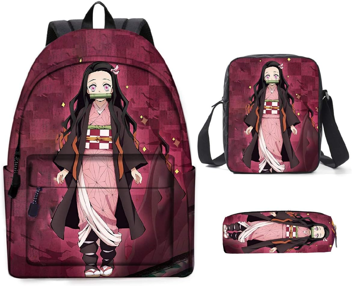 Yumenam Anime Theme Backpack Crossbody Bag Pencil Case 3Pcs Set Tanjirou Nezuko 3D Printing Laptop Backpack School Bag Outdoor Travel Bag Daypacks for Anime Demon Slayer Lovers