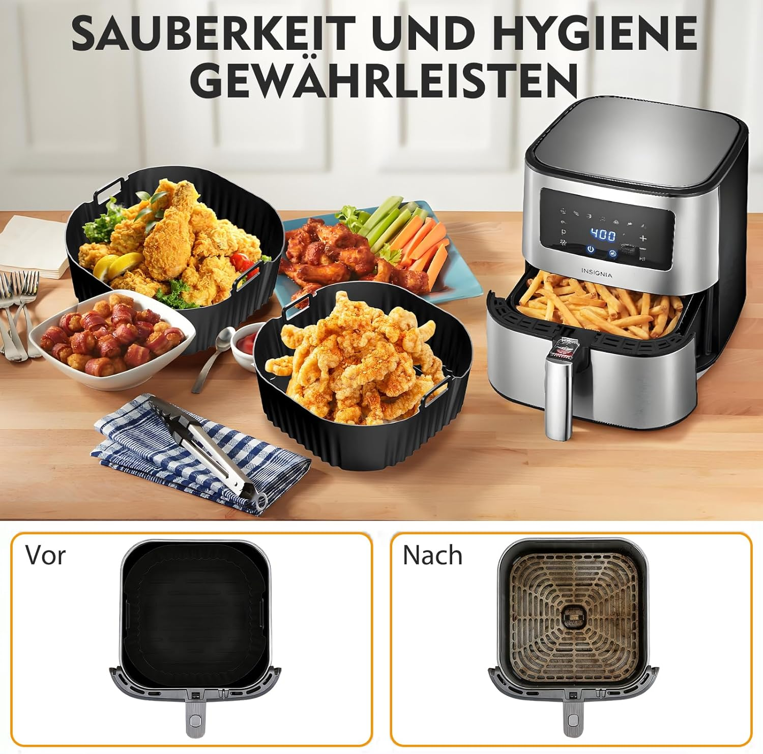 VEGCOO Pack of 2 Airfryer Silicone Baking Moulds with 19 Cm Silicone Oil Brush Black Airfryer Square Silicone Baking Mats Baking Mats Heat Resistant Baking Aids for Airfryer Oven