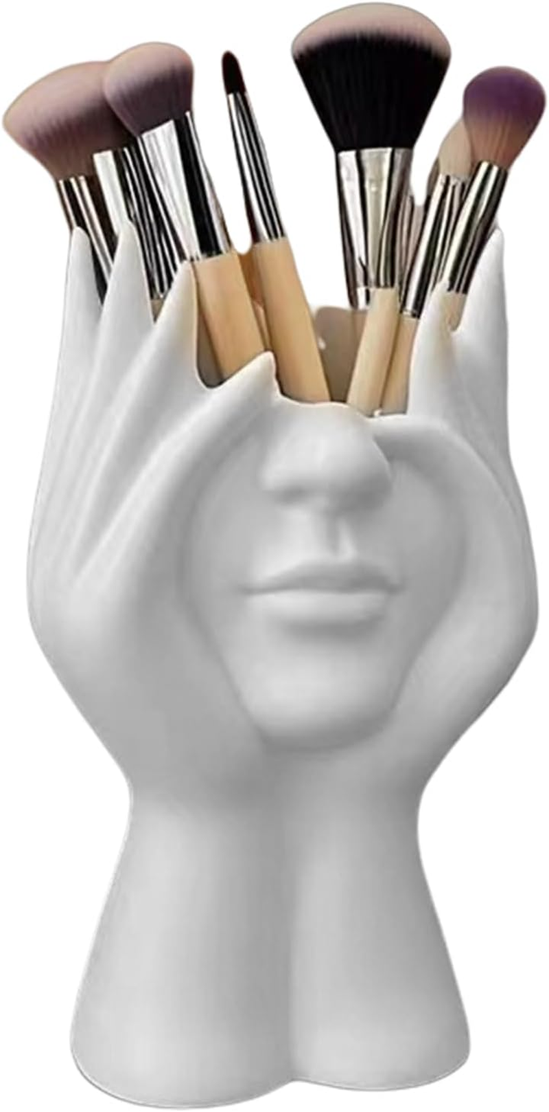 Abstract Facial Makeup Brush Holder, Face Hand Design Make up Brush Organizer, Decorative Dresser Receiver, Bohemian Modern Elegant Station for Bathroom Dorm Home Desktop Organization