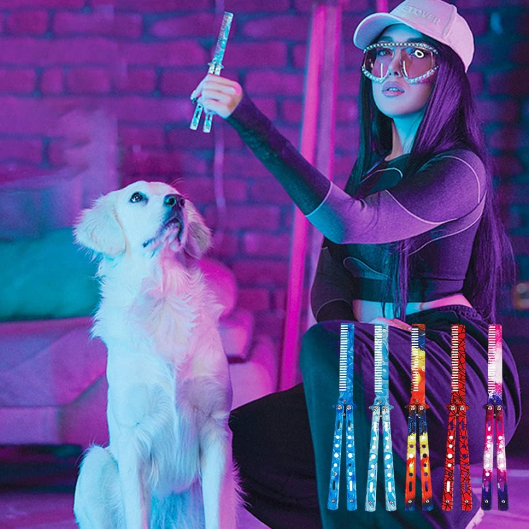 Butterfly Knife Comb,Stainless Steel Comb Trainer Unsharpened Slice Butterfly Training Comb for Beginner Aqua Blue - Colorful image number 7