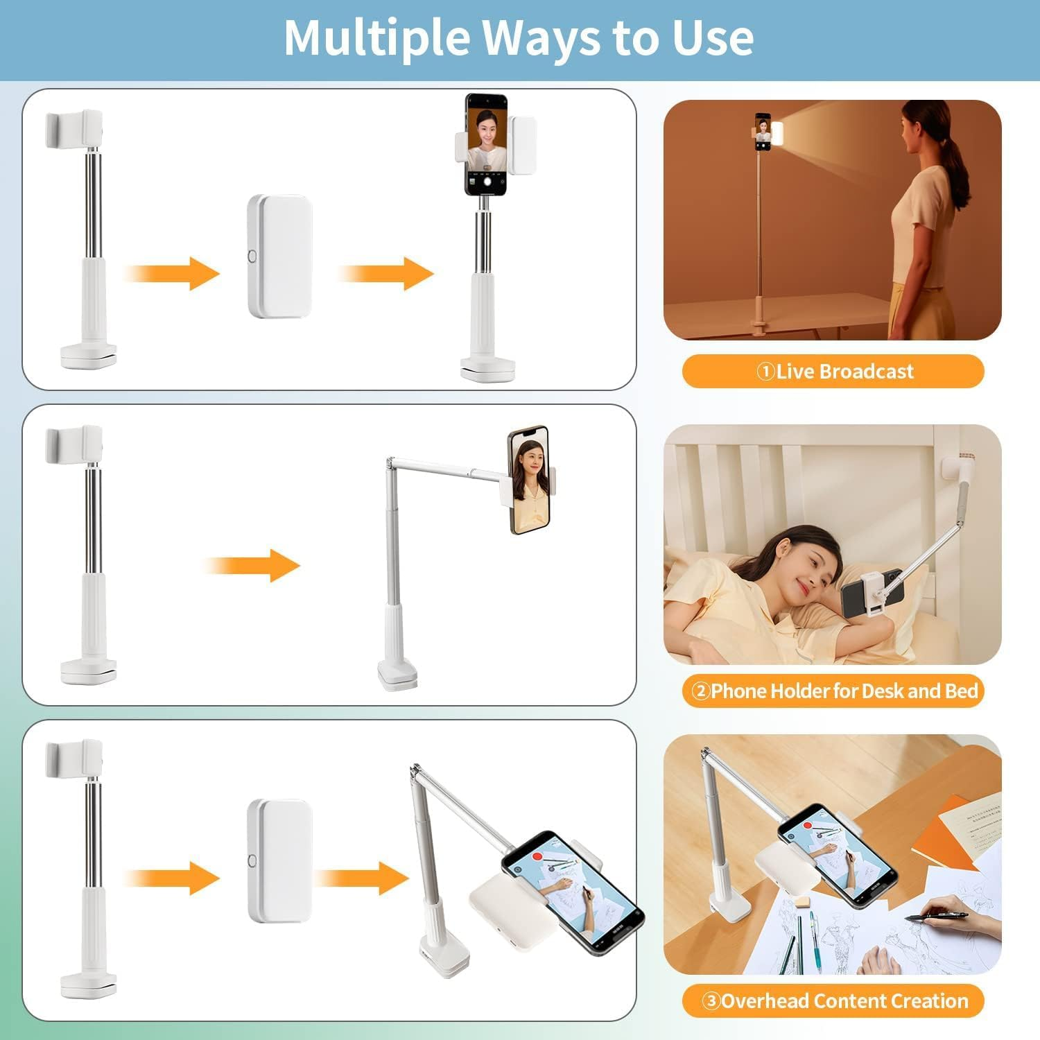 Yayusi Overhead Phone Mount for Recording,Phone Stand Recording Overhead,Articulating Arm Cell Holder with LED Ring Light,Desk/Bedside Tripod Youtube Live Stream Cooking Video (X6)