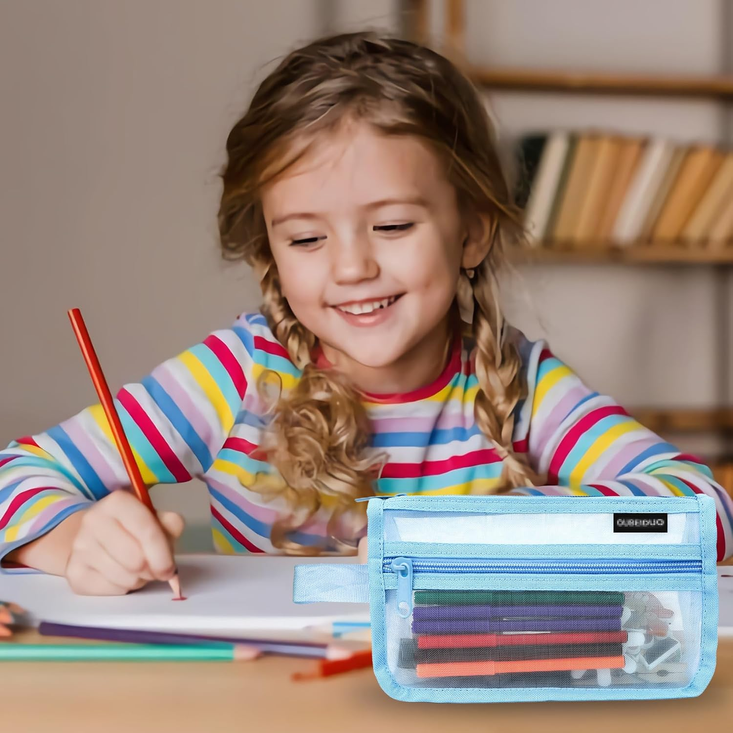 Mesh Transparent Pencil Case,Grid Mesh Pencil Case with Zipper,1Pcs Blue Clear Case Large Pen Bag,Multifunctional Mesh Pen Pouch,Transparent Portable Storage Organizer Holder for Makeup Tool image number 5