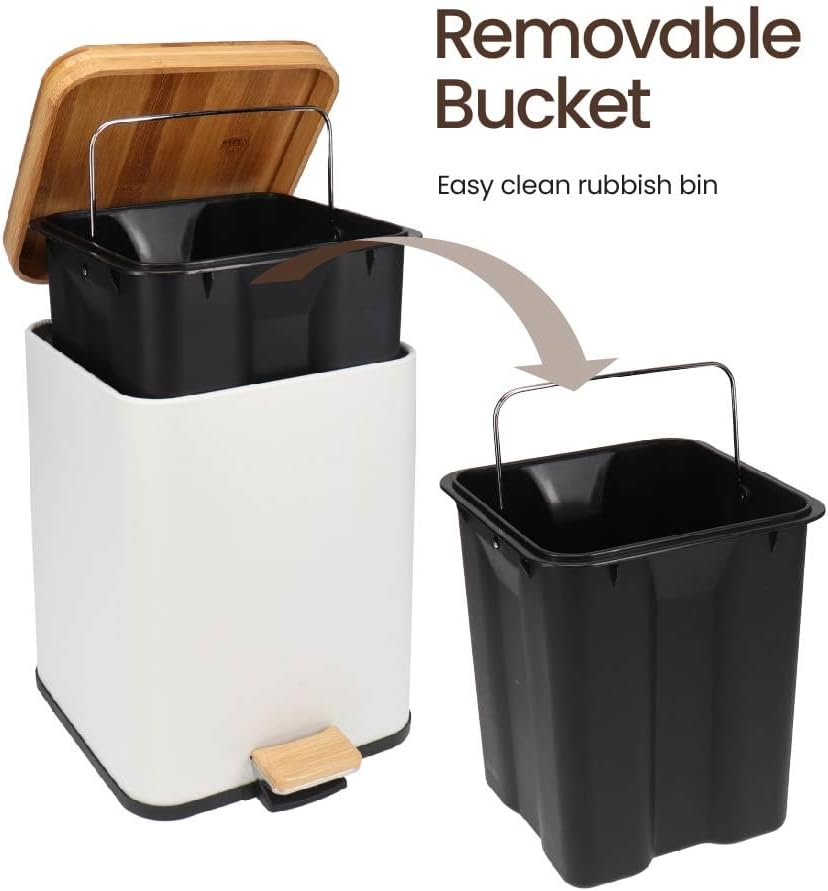 Eco Basics Square Rubbish Bin 6L, White &ndash; Eco-Friendly Waste Bin with Recycled Plastic, Bamboo Lid & Pedal, Soft Close, Compact Design for Toilets, Kitchens, Living Rooms & Small Spaces, 30X26X20Cm image number 1