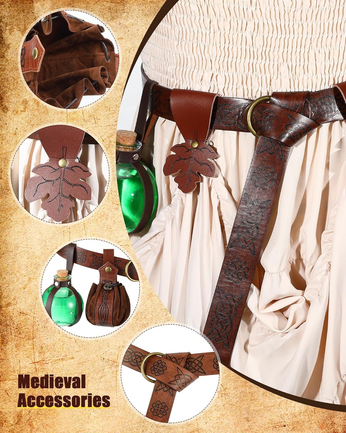 Sweetude 6 Pcs Renaissance Belt Halloween Medieval Viking Belt Potion Bottles Faux Leather Belt Pouch Skirt Hikes Mug Holder image number 1