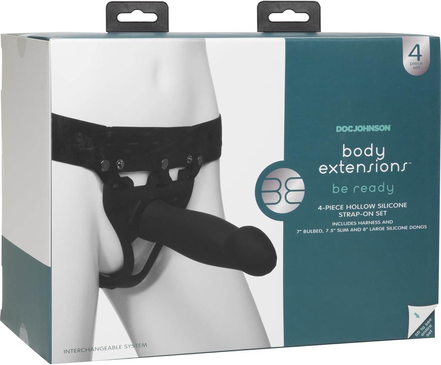 Doc Johnson Body Extensions - BE Ready - Hollow Strap-On System - Silicone Harness with Elastic Waist Band and 3 Hollow Dildos image number 1