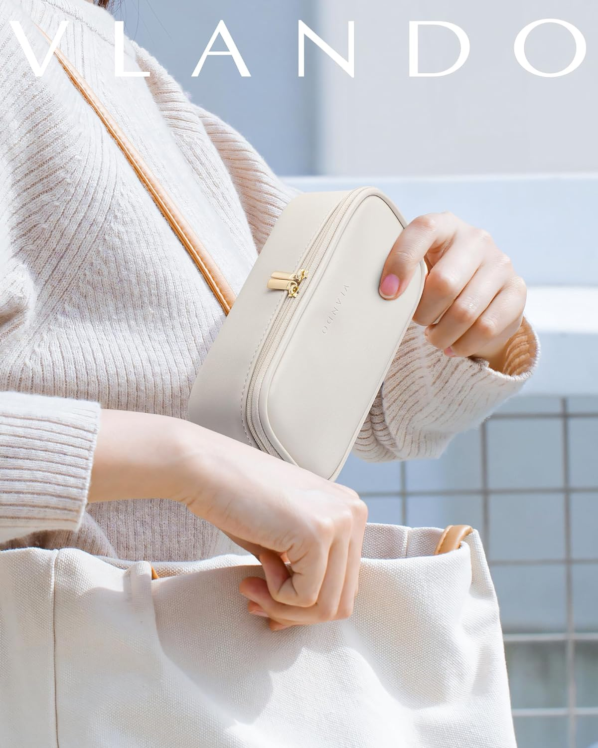 Vlando Travel Makeup Bag, Small Travel Beauty Bag Cosmetic Bag for Women Portable Makeup Organizer Case Bag Makeup Brush Organizer Pouch-White, Pillow White-Large - 01-Apricot White image number 5