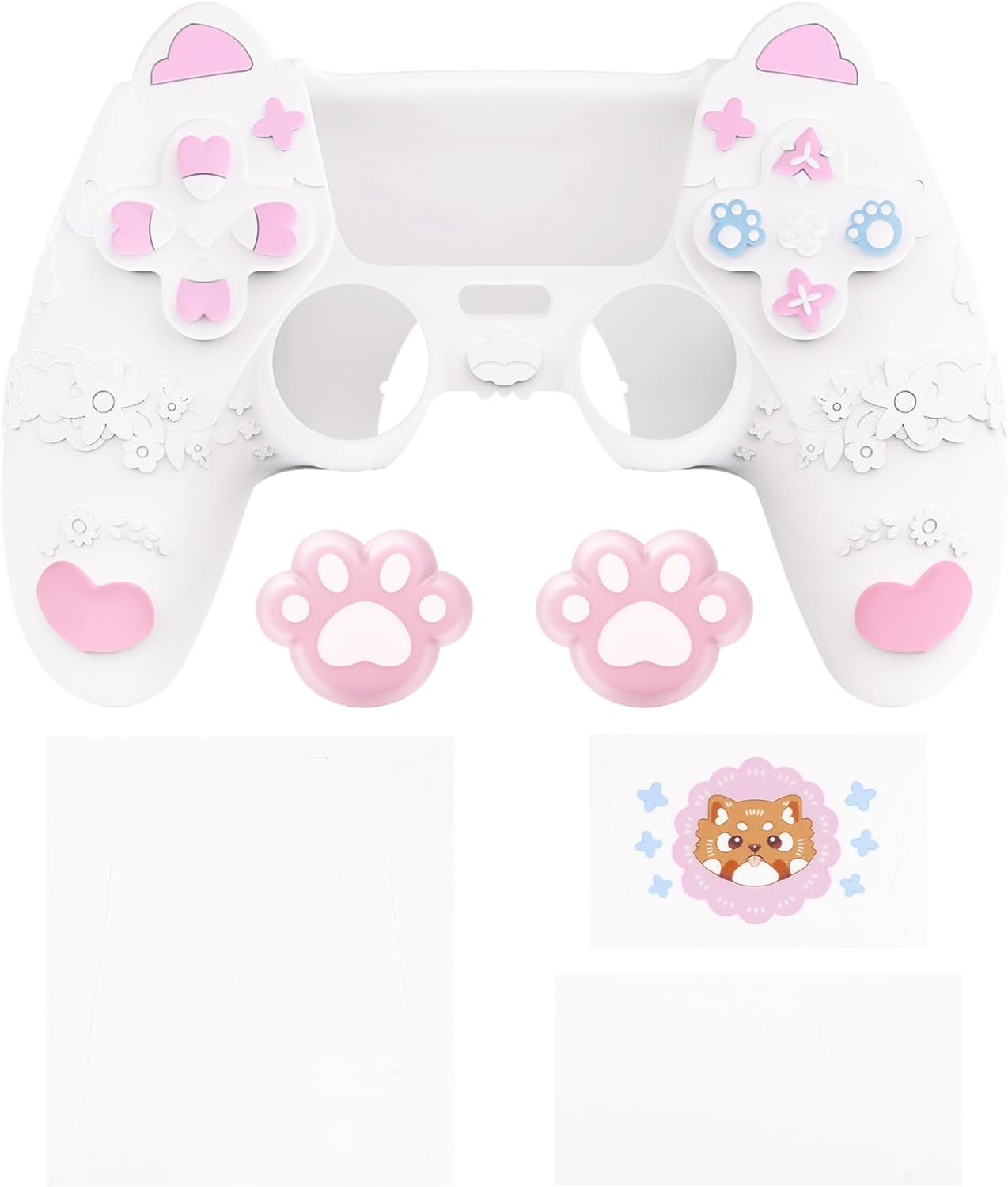 Playvital Cute Spring Lesser Panda Silicone Cover for Ps5 Controller with Joystick Cap and Sticker, Anti-Grip Shockproof Skin, Compatible with Charging Station, White image number 6