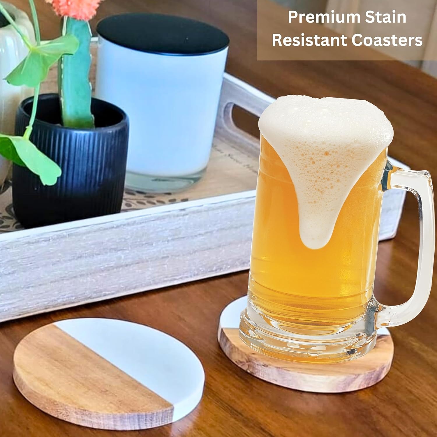 Acacia Wood and Marble Coaster Set of 4 for Coffee Table Decor, Dining Table, Office - Wooden Tabletop Coasters -Premium Drink Coasters for Kitchen, Restaurant, Bar, Caf&eacute; and Christmas Gifting