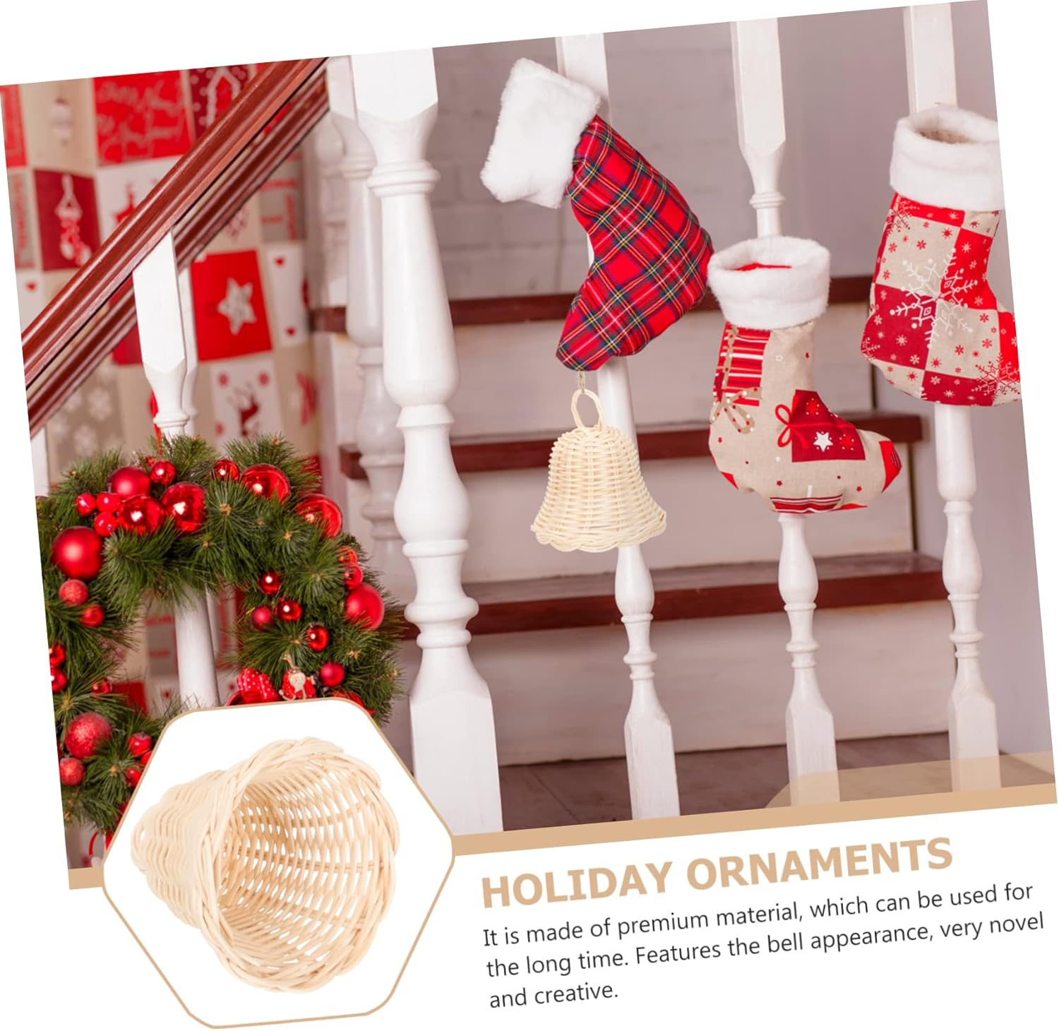 5Pcs Decorative Rattan Bell Shape Ornament Pendant for Xmas Tree Wall Hanging Decor Plaything for Christmas Party Home Decoration image number 4