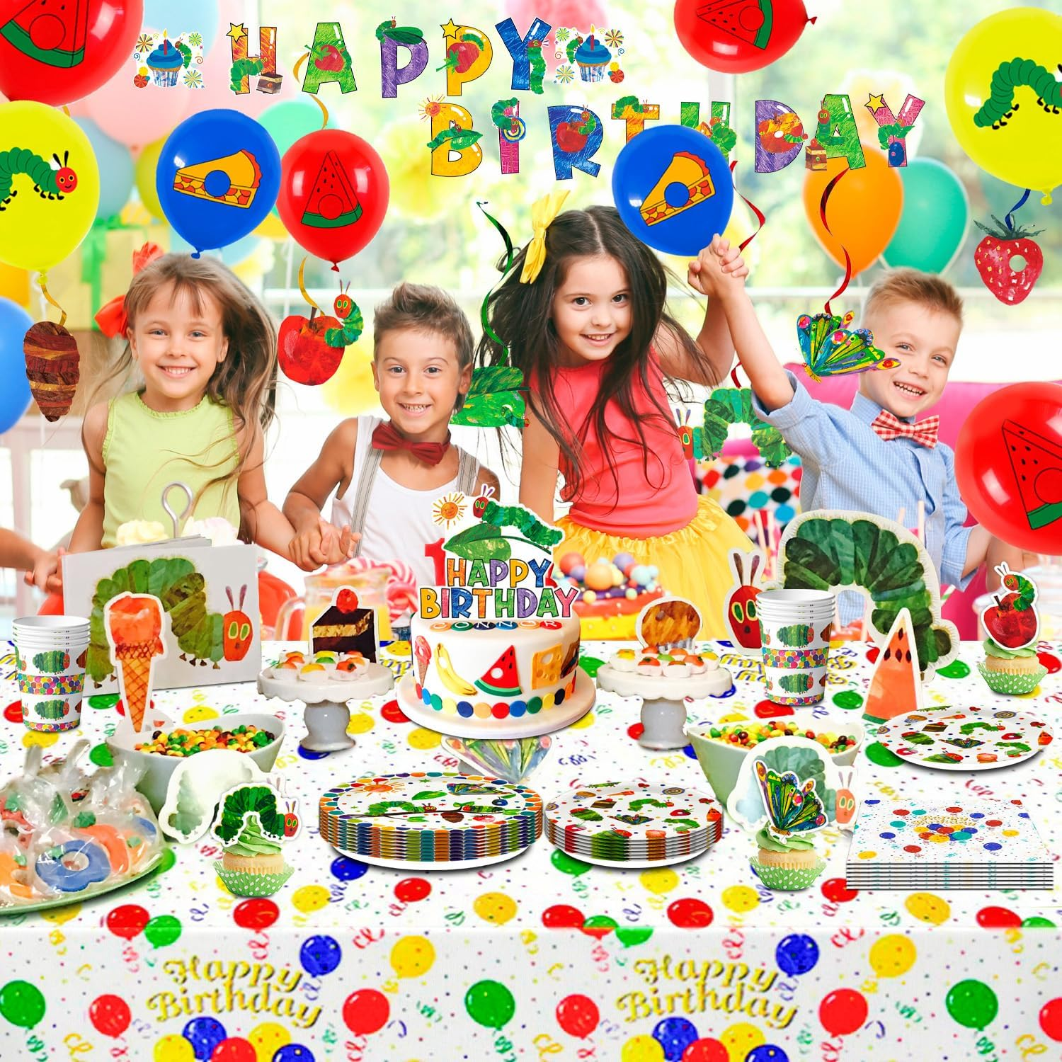 The Very Hungry Caterpillar Party Supplies 10Guests Hungry Caterpillar Birthday Decorations Tableware Set Hungry Caterpillar Party Banner Balloon Etc Hungry Caterpillar Decorations image number 1