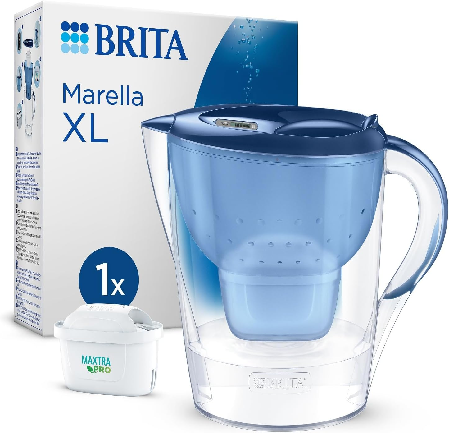 BRITA Marella XL Water Filter Jug Blue (3.5L) Incl. 1X MAXTRA PRO All-In-1 Cartridge - Large-Volume Jug with Digital LTI and Flip-Lid - Now in Sustainable Smart Box Packaging