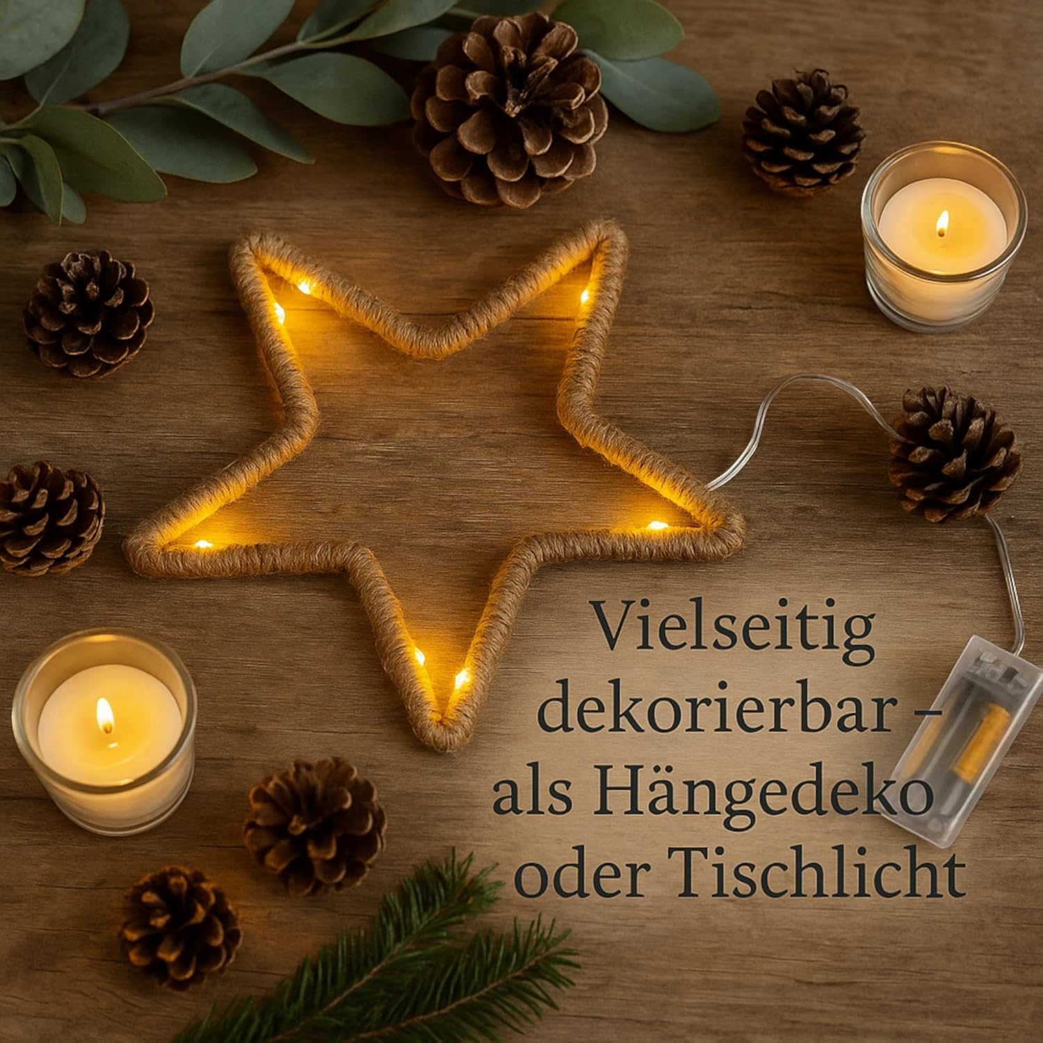 MIJOMA LED Christmas Decoration for Hanging Made of Metal and Jute with Timer - Rustic Winter Decoration with Fairy Lights - Battery Operated (Star: Approx. Diameter 20 Cm) image number 4