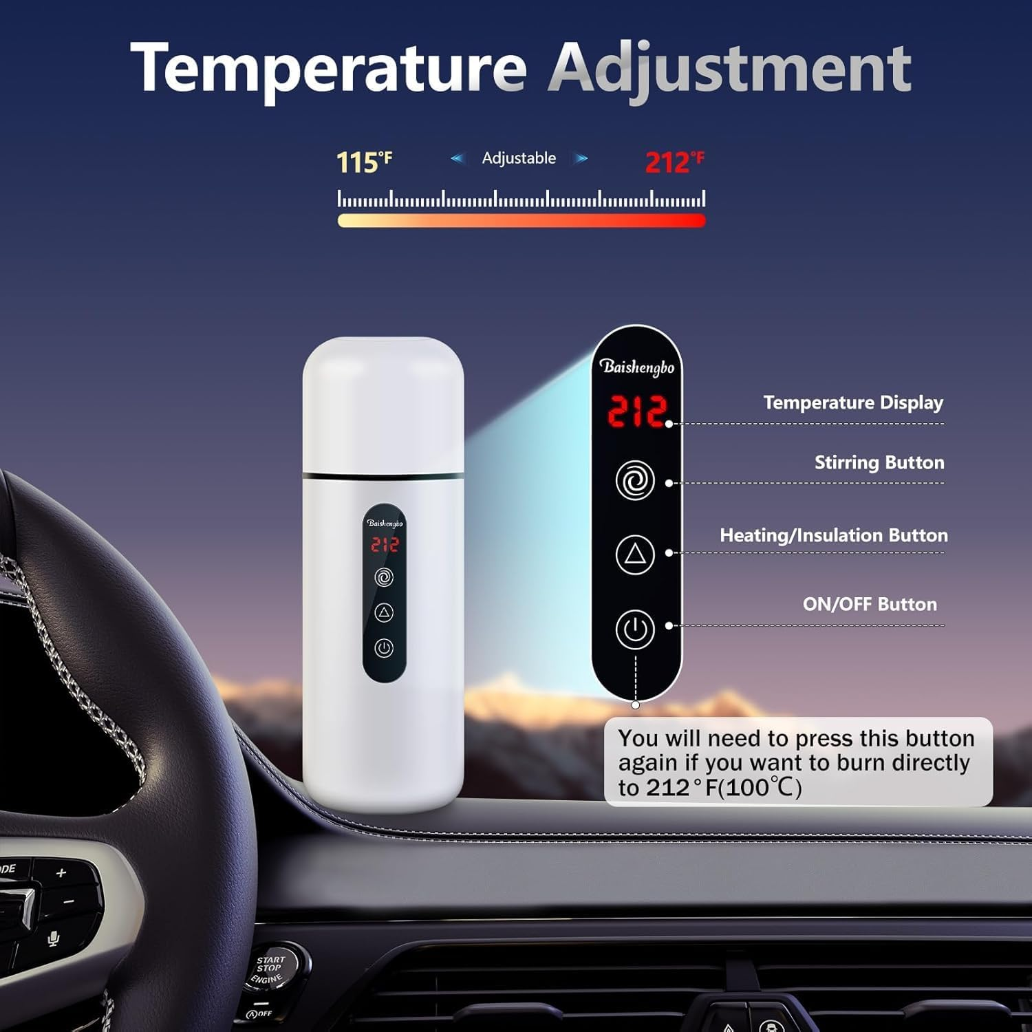 Car Kettle, Portable Electric Travel Kettle, 12V/24V Car Coffee Warmer, 420ML Hot Water Boiler, Small Hot Water Heater, with Built-In Magnetic Induction Stirring for Tea Coffee Milk (White) image number 1