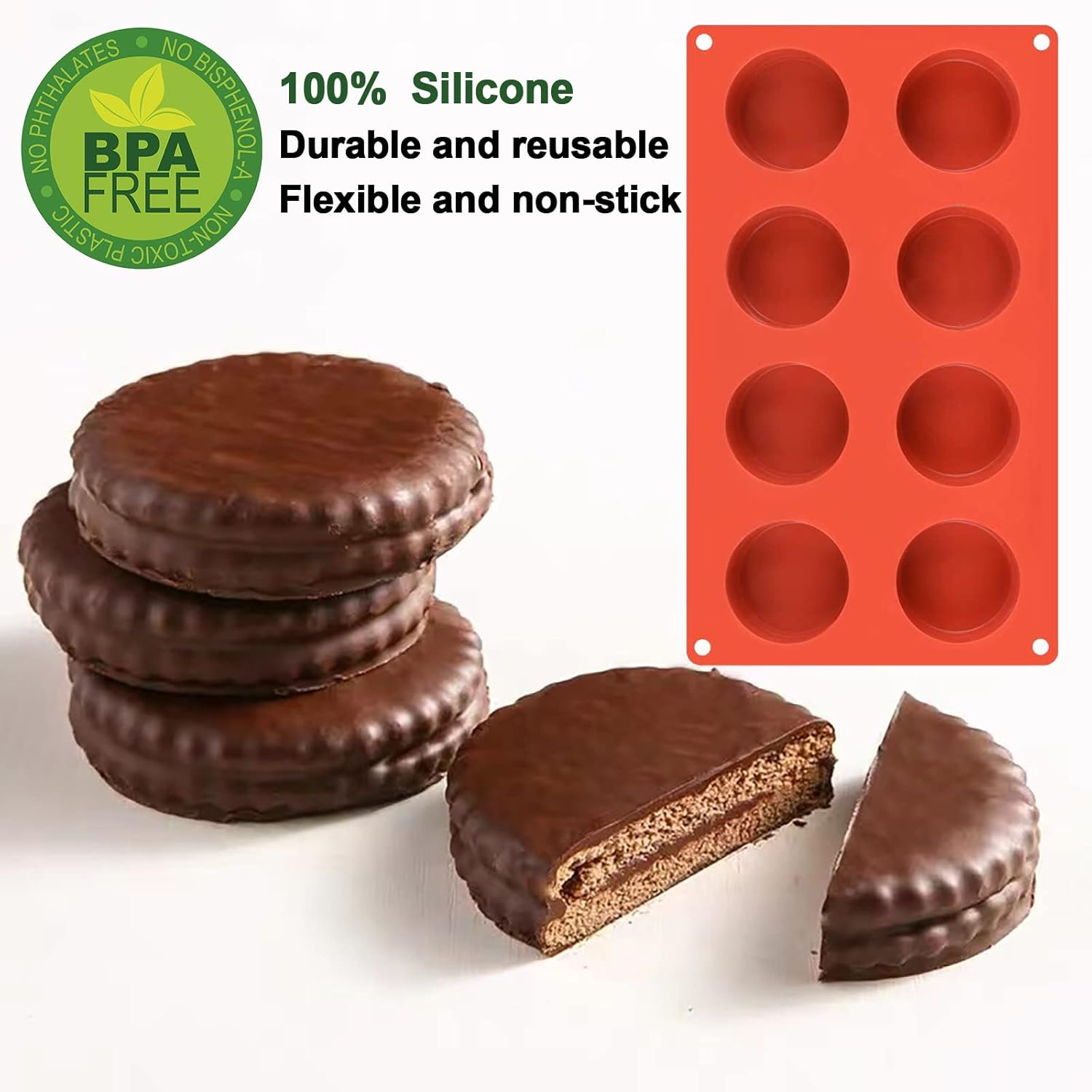 8-Cavity round Silicone Molds, 3 Pack Large round Silicone Baking Molds, Non-Stick Cookie Mold for Baking Cake/Chocolate/Muffin/Cupcake/Brownie/Pudding Jello/Candy/Handmade Soap image number 2