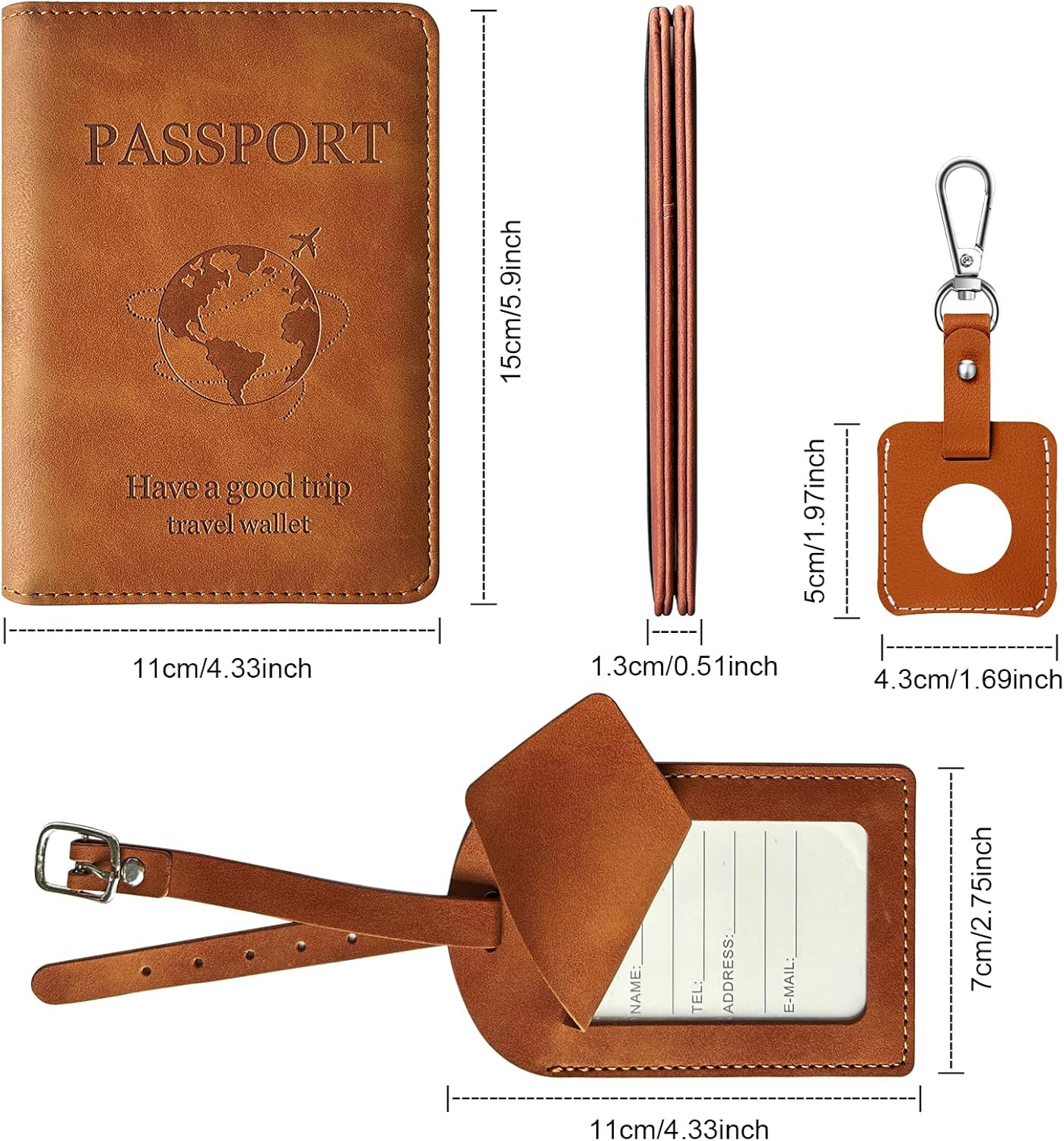 AIJOY PU Leather Passport Holder for Men & Women &ndash; RFID Blocking Travel Wallet with Luggage Tag & Tracker Holder &ndash; Travel Essentials 3-In-1 Organizer for Passports, Boarding Passes, Credit Cards&ndash;Brown