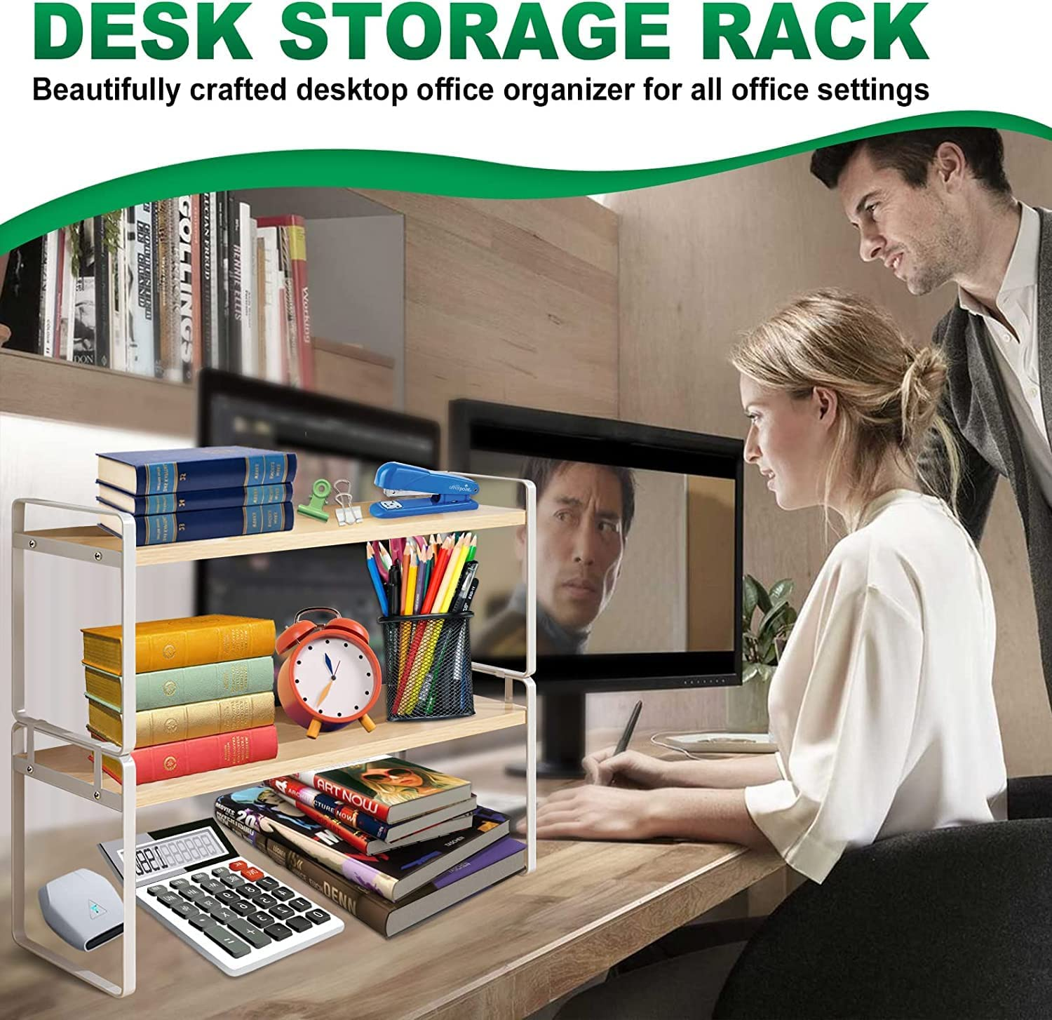 Joiena 2 Tier Desktop Bookshelf Plant Stand with Metal Frame Wood Board Desk Display Shelf Decor for Kids Office Rack Stationery Organizer Living Room Storage and Dormitory Use - Black Wood image number 5