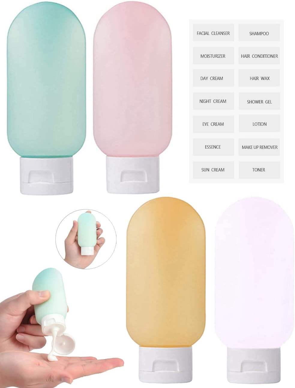 4 PCS PE Travel Bottles, 60Ml/Ea Leak Proof Clear Tubes Set for Toiletries, Squeezable Refillable BPA Free Toiletry Tubes Containers for Cosmetic Shampoo Lotion Soap Liquid with Stickers image number 5