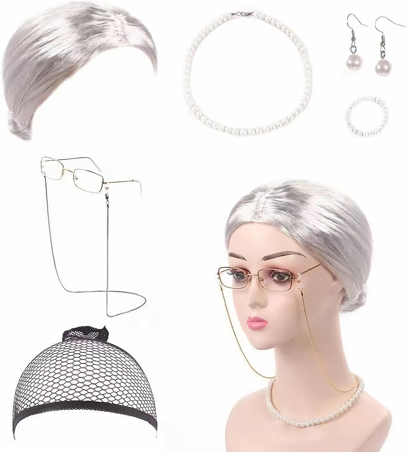 7 Piece Old Lady Dress Set, Grandma Witch Wig, Adult Children Halloween Party Cosplay, Silver and White Bun image number 3