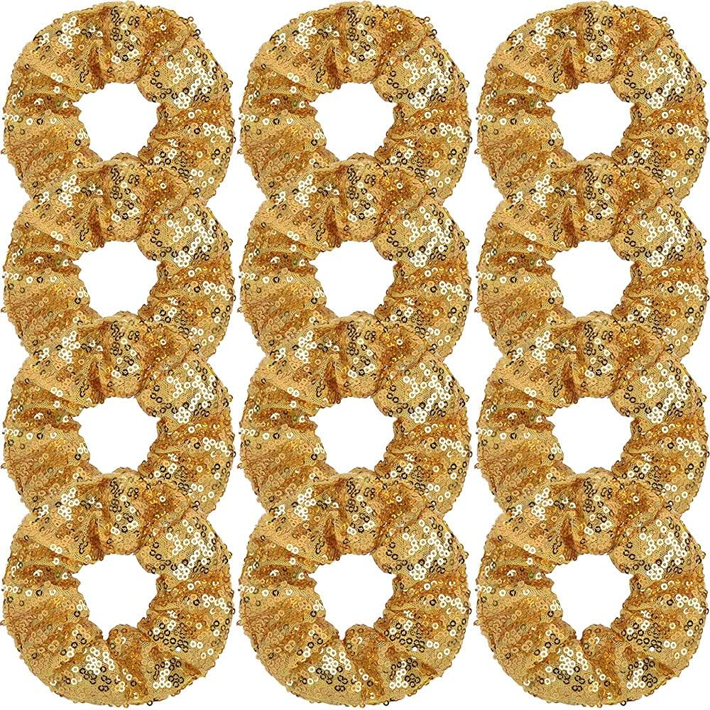 12 Pcs Gold Sequin Scrunchies Bridesmaid Scrunchies Elastics Ponytail Holders Hair Wrist Ties Bands Cloth Scrunchies for Show Gym Dance Party Club Girl Women
