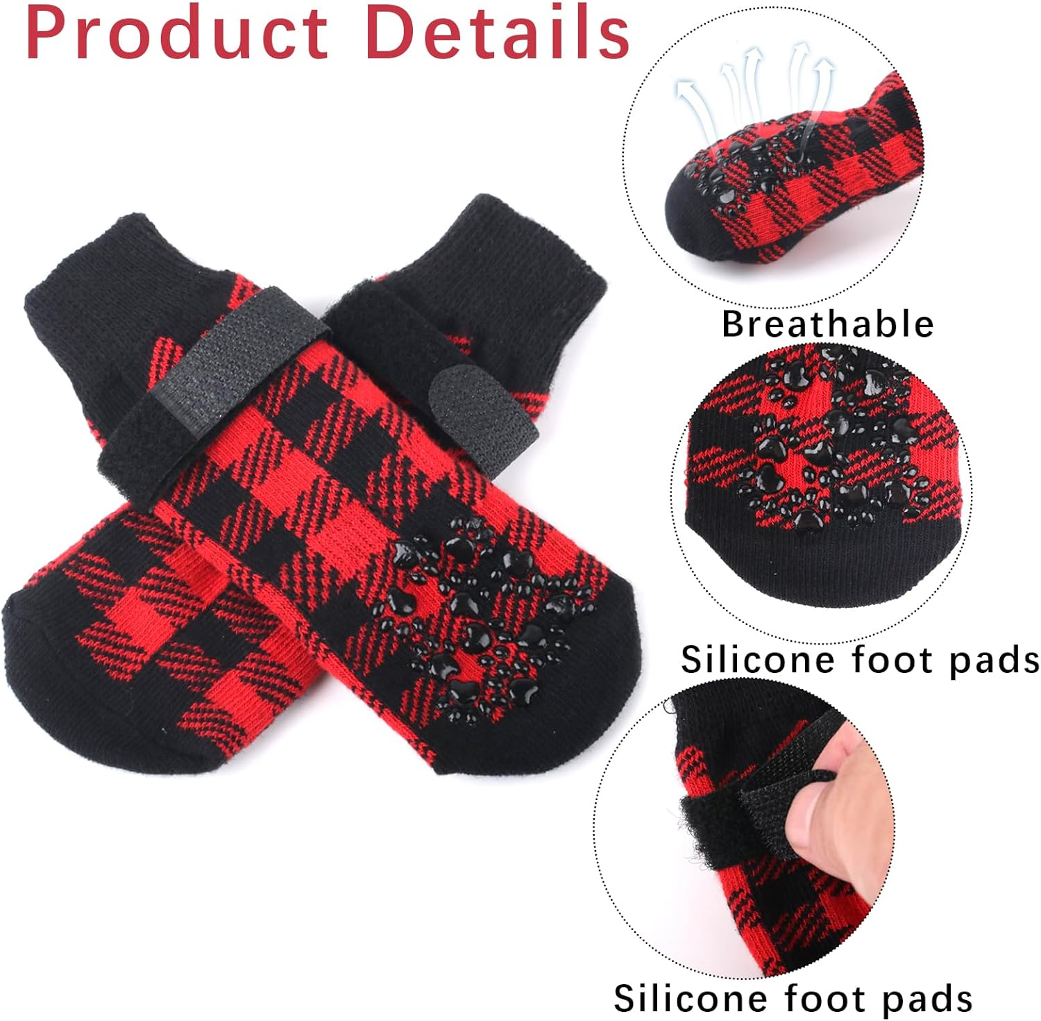 2 Pairs Red Anti-Slip Dog Socks with Adjustable Straps, Paw Protectors to Stop Licking for Injured Paws, Indoor Outdoor Boots for Hardwood Floors (M) image number 5