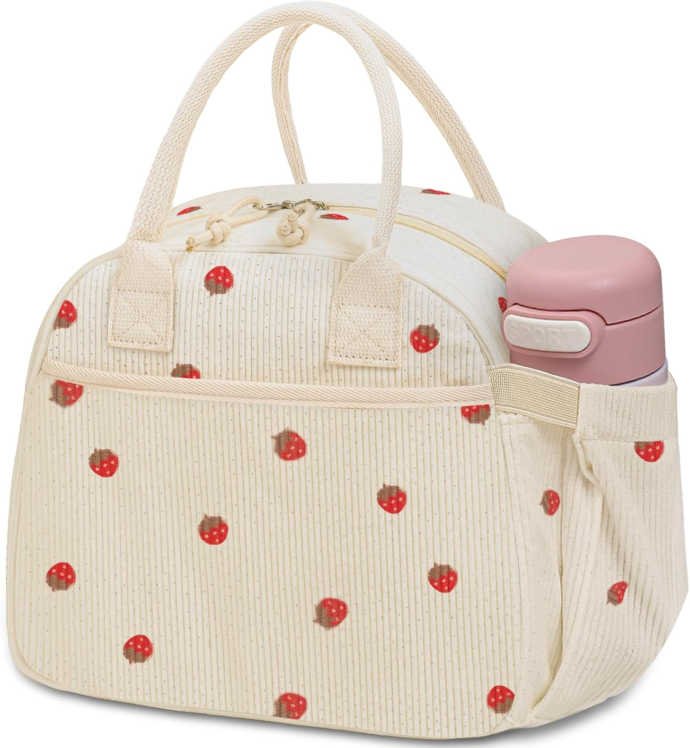 Carry Bloom Lunch Box for Women, Insulated Lunch Bag Cute Corduroy Lunchbag Reusable Lunchbox for Work (Bow Pink)