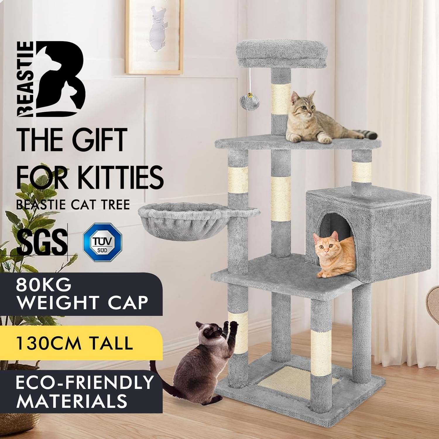 BEASTIE Cat Tree 130Cm Multi-Level Play Tower with Scratching Post, Condo House, Scratch Board & Plush Perch Den, Sisal Covered Scratcher Tower Furniture for Kitten Climbing & Playing, Light Grey image number 6