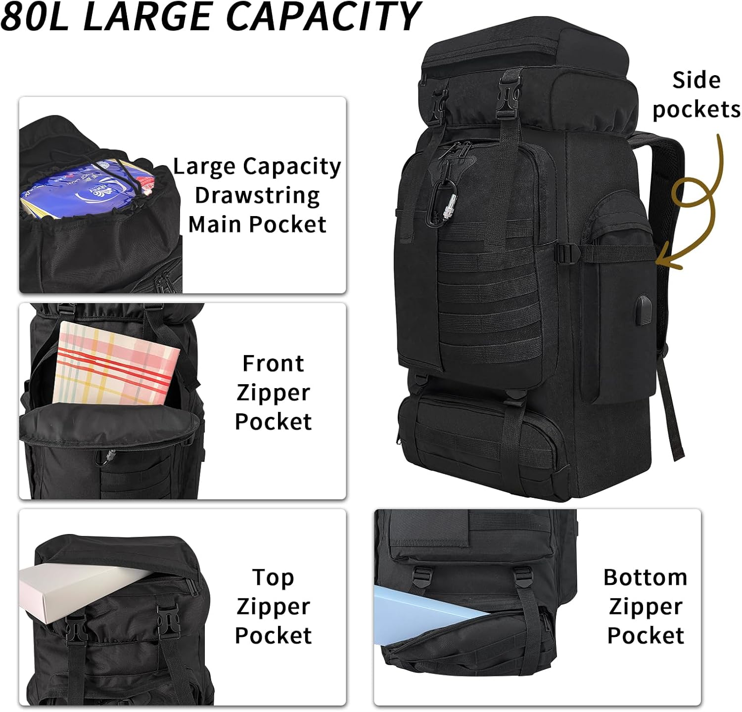 Dafape Men Women Hiking Backpack, 80 L Travel Daypack for Camping Outdoor Workout Cycling Sport Gym Large (Black) image number 5